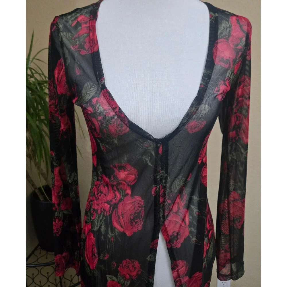 Love Tree Mesh Duster Cardigan Small Dark Floral Sheer Rose Goth Romantic Layer - Picture 4 of 12